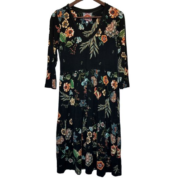 Johnny Was Bamboo Dress Small Ardell 3/4 Sleeve Tiered Knee Length Black Floral - Picture 1 of 10